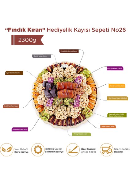 ''fındık Kıran'' Hediyelik Kayısı Kuru Meyve Lokum Çikolata Tepsisi Sepeti Kutusu 2,3 kg No 26 | Bizim Yöre