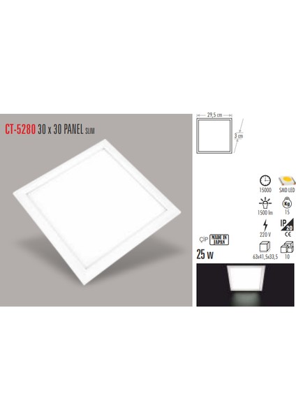 CT-5280 25W 6500K (30X30)LED Panel Armatür (Beyaz Işık) Cata fiyatları