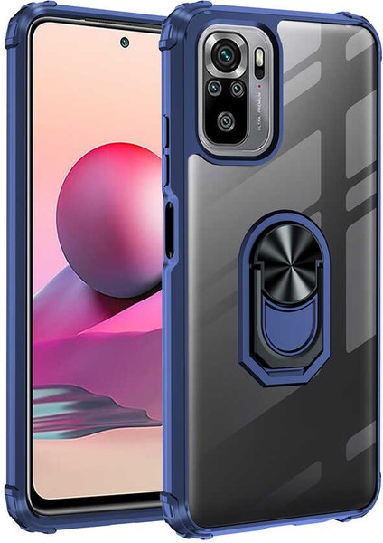 Caseworld Xiaomi Redmi Note 10S Kapak Şeffaf Yüzüklü Kenar Korumalı Standlı Kılıf - Lacivert