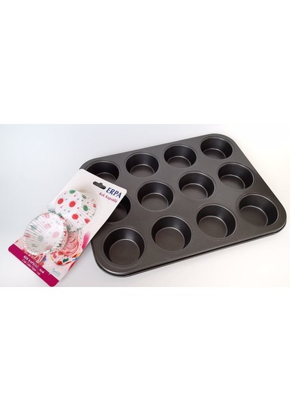 Muffin 12'li Kek Kalıbı + Renkli Muffin Kağıt Kek Kalıbı