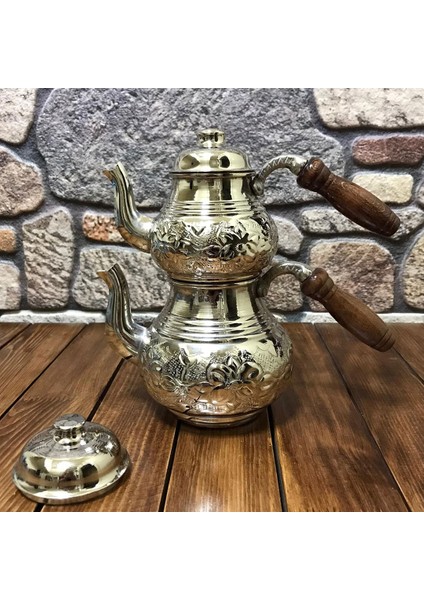 Nakışlı Bakır Çaydanlık Küçük Boy - Gümüş