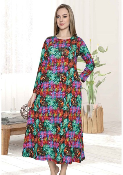 Uzun Kollu Uzun Renkli Kadın Elbise