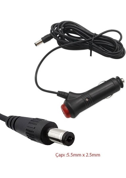 -12V3 12 Volt 5 Amper Çakmak Standart U. 5.5x2.5 12 Volt 3 Metre Kablolu Çakmak Adaptörü