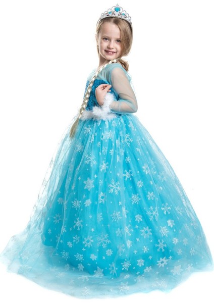 Peonia Kids Peoniakids Kız Çocuk Mavi Frozen Elsa Çocuk Kostümü - Sim Dökülmeyen Uzun Kol Pelerinli Ful Set Frozen Elsa Çocuk Elbise