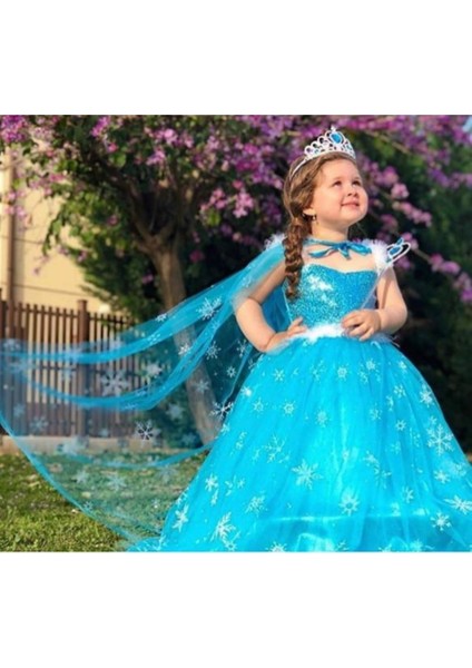 Peoniakids Kız Çocuk Mavi Frozen Elsa Çocuk Kostümü - Sim Dökülmeyen Uzun Kol Pelerinli Ful Set Frozen Elsa Çocuk Elbise
