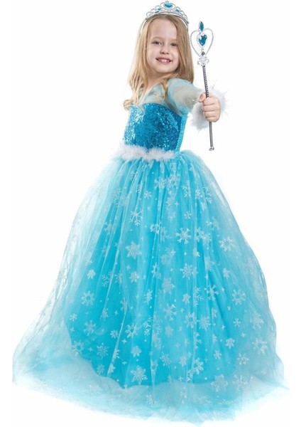 Peoniakids Kız Çocuk Mavi Frozen Elsa Çocuk Kostümü - Sim Dökülmeyen Uzun Kol Pelerinli Ful Set Frozen Elsa Çocuk Elbise fiyatları