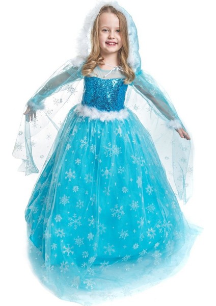 Peoniakids Kız Çocuk Mavi Frozen Elsa Çocuk Kostümü - Sim Dökülmeyen Uzun Kol Pelerinli Ful Set Frozen Elsa Çocuk Elbise modelleri