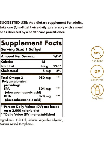 Solgar, Omega-3, Epa & Dha, Triple Strength, 950 Mg, 100 Softgels