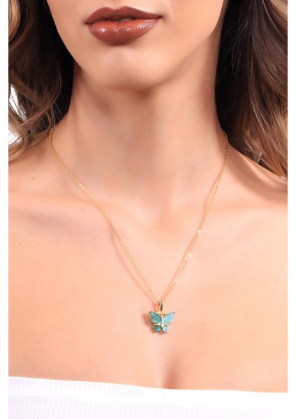 Kadın Altın Renk Kaplama Sedef Taşlı Kelebek Figürlü Zincir Kolye