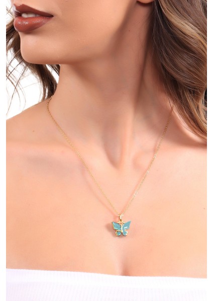 Kadın Altın Renk Kaplama Sedef Taşlı Kelebek Figürlü Zincir Kolye fiyatları