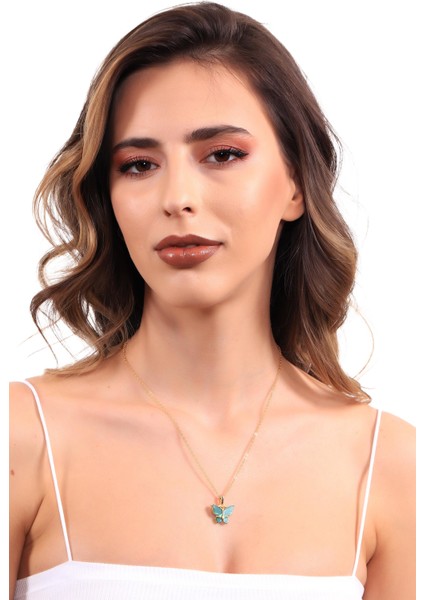 Kadın Altın Renk Kaplama Sedef Taşlı Kelebek Figürlü Zincir Kolye modelleri