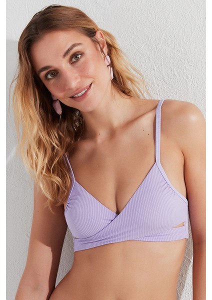 Eflatun Ribbed Basic Wrappy Bikini Üstü fiyatları
