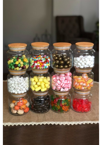 12'li 500 ml Bambu Kapaklı Baharatlık Seti Saklama Kabı Cam Kavanoz