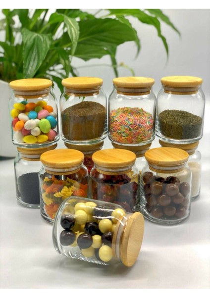 12'li Bambu Kapaklı Baharatlık Seti Cam Kavanoz Takımı 300 ml