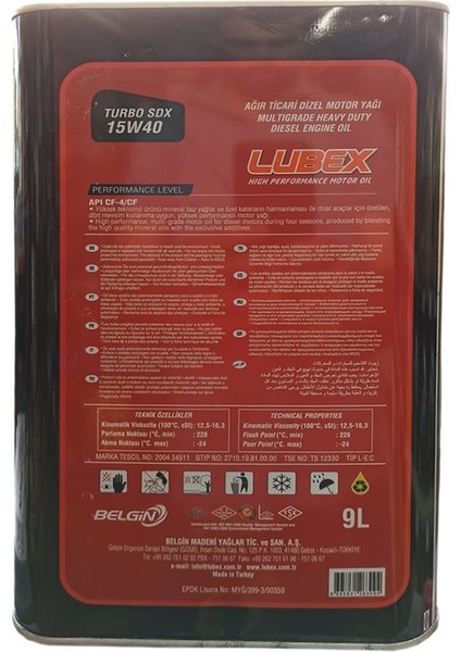 Turbo SDX 15W-40 9 Litre Motor Yağı ( Üretim Yılı: 2022 ) modelleri