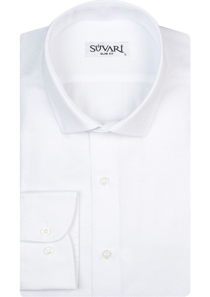 Slim Fit Armür Desenli Beyaz Erkek Gömlek