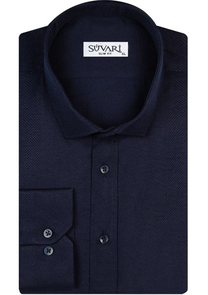 Slim Fit Armür Desenli Lacivert Erkek Gömlek