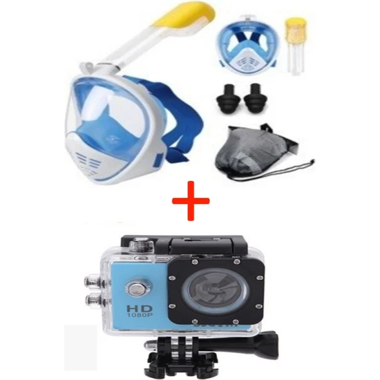 AteşTech Full Face Dalış Maskesi Şnorkel + 1080P Su Altı Aksiyon Kamera