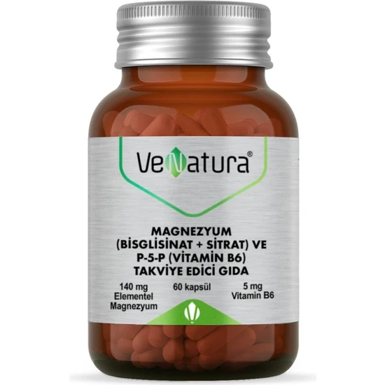 Venatura Magnezyum (Bisglisinat+Sitrat) ve P5P (Vitamin B6) 60 Kapsül