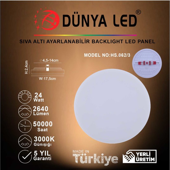 Dünya LED HS.062/3 24W Sıva Altı Backlight LED Panel 3000K Günışığı
