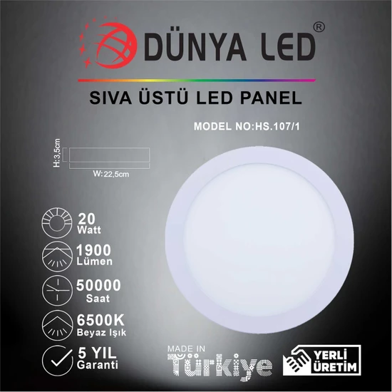 Dünya LED HS.107/1 20W Sıva Üstü LED Panel 6500K Beyaz Işık
