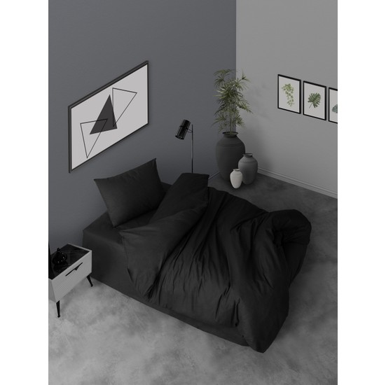 Casa Carina Simple Tek Kişilik Siyah Ranforce Lastikli Çarşaflı Nevresim Takımı 160 x 220 cm Düz Desen