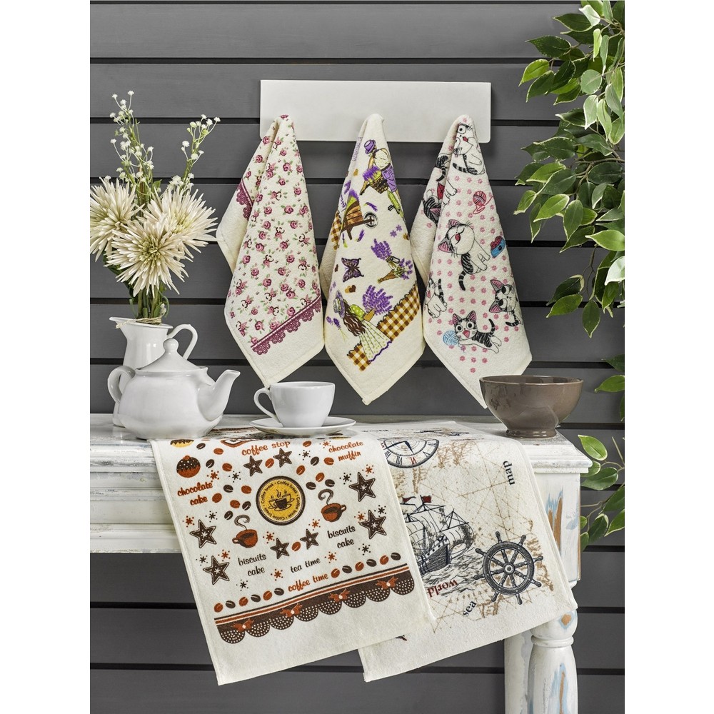 Casnack Nora 5 Adet Baskılı Atlas Mutfak Havlusu  Seti 30X50