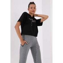 Tommy Life Gri Melanj Kadın Fermuar Cepli Dar Kesim Klasik Paça Eşofman Alt - 94195