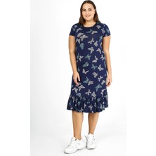 Modayız Kelebek Desenli Eteği Fırfırlı Büyük Beden Elbise 24C-1774