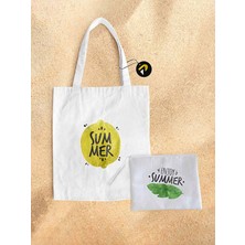 Postermanya Summer Limon Tasarımlı Bez Kanvas Plaj Çantası Seti