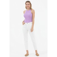 Likralı Yüksek Bel Mom Jean Pantolon - Beyaz