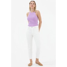 Likralı Yüksek Bel Mom Jean Pantolon - Beyaz