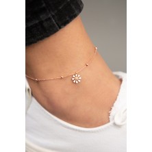 Elika Silver Kadın Rose Kaplama Top Zincir Detaylı Mineli Papatya Model 925 Ayar Gümüş Halhal