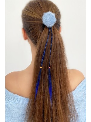 Takıştır Mavi Renk Ponponlu Örgülü Saçlı Lastik Toka