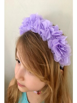 Bukalemun Company Lila Şifon Çiçekli Işıltılı Nişan Düğün Nikah Gelin Tacı