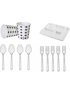 Sos Tedarik 5 Gözlü Köpük Tabak + Plastik Çatal + Kaşık 7 Oz Bardak