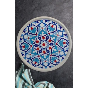 Çini Desenli Beyaz Yuvarlak Tepsi