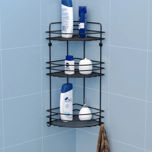 Üç Katlı Kancalı Maxi Boy Banyo Köşe Rafı Mat Siyah BK053H