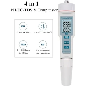 Tekno İstanbul Yeni 4 In 1 Ph/ec/tds Sıcaklık Ölçer Su Geçirmez Ph Ölçer
