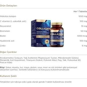 Resveratrol, Hyalüronik Asit, Biotin ve Çinko Içeren Hidrolize  30 Tablet