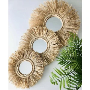 Wooddaa Dekoratif Aynalı Rafya Duvar Süsü Bohemian Style 3'lü Boncuklu Ayna Seti