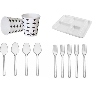 Sos Tedarik 5 Gözlü Köpük Tabak + Plastik Çatal + Kaşık 7 Oz Bardak