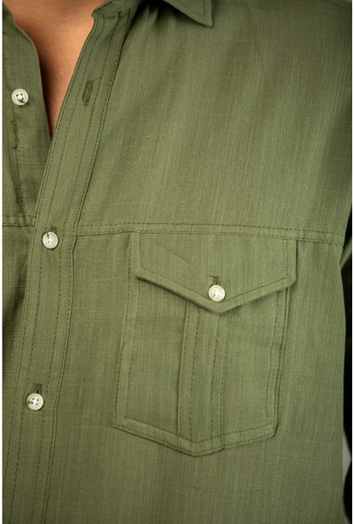 Erkek Yeşil Filamlı Pamuk Keten Klasik Kesim Çift Cepli Basic Gömlek