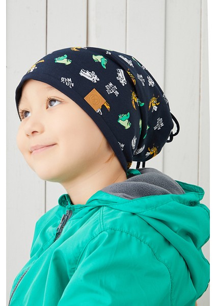 Pamuklu Çift Katlı Yumuşak Penye Lacivert Figürlü Erkek Çocuk Bebek Şapka Bere %100 Doğal Yerli