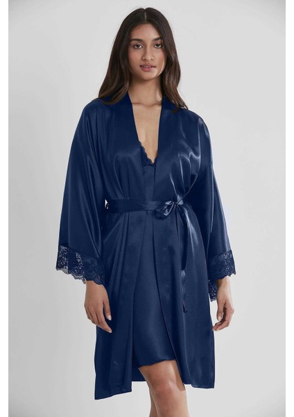 Pierre Cardin 2'lı 4250 Lacivert Bayan Saten Gecelik Sabahlık Takımı