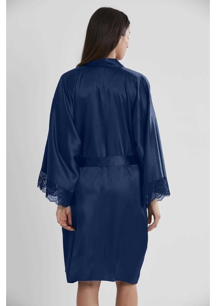 Pierre Cardin 2'lı 4250 Lacivert Bayan Saten Gecelik Sabahlık Takımı