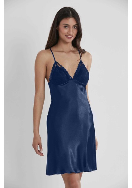 Pierre Cardin 2'lı 4250 Lacivert Bayan Saten Gecelik Sabahlık Takımı