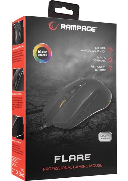 SMX-R51 FLARE Makrolu 10000 DPI RGB Ledli Profesyonel Gaming Oyuncu Mouse - Siyah