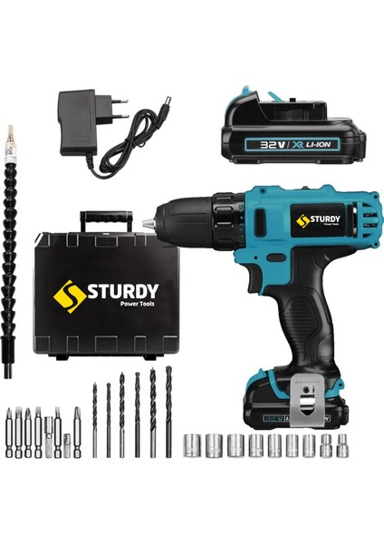 Power Tools 32 Volt 5.0 Amper Çift Akülü 24 Parça Uç Setli Şarjlı Vidalama Matkap