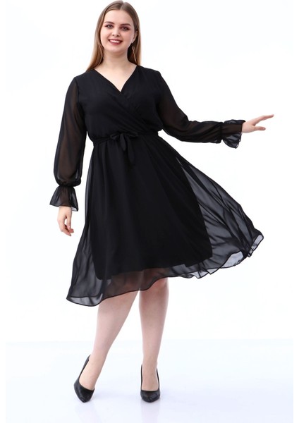 Uzun Kol Büyük Beden Şifon Elbise 30A-1809